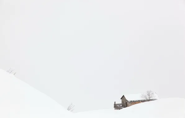 Snow, fog, house