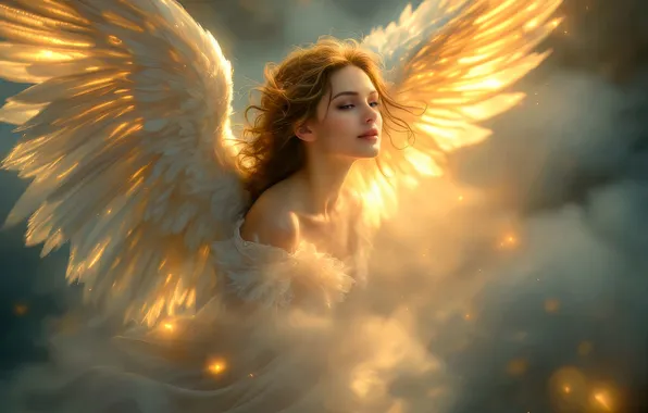 The sky, girl, clouds, light, lights, wings, angel, fantasy