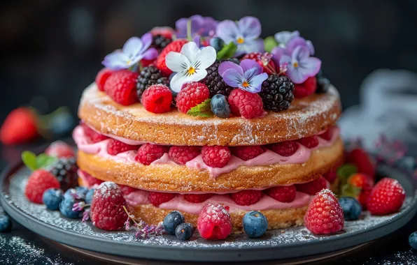 Flowers, berries, raspberry, blueberries, cake, Pansy, layers, cream