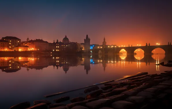 Water, light, reflection, night, bridge, the city, lights, river