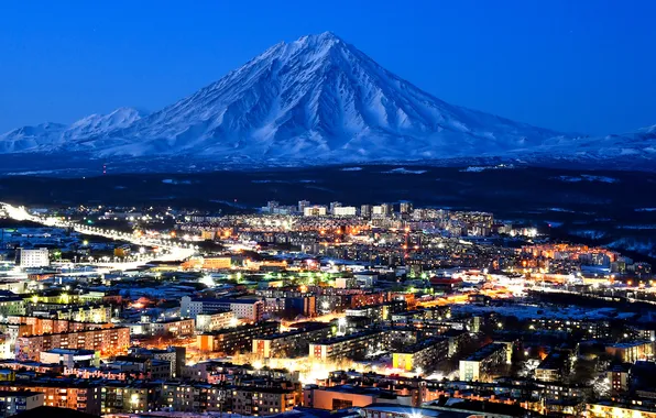 Picture city, lights, night, view, volcano, petropavlovsk-kamchatsky