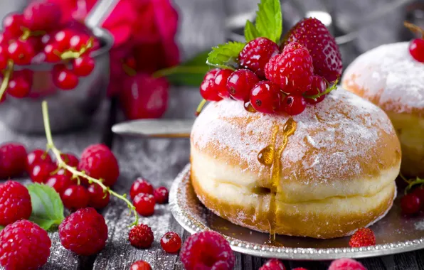 Raspberry, strawberry, honey, donut, currants