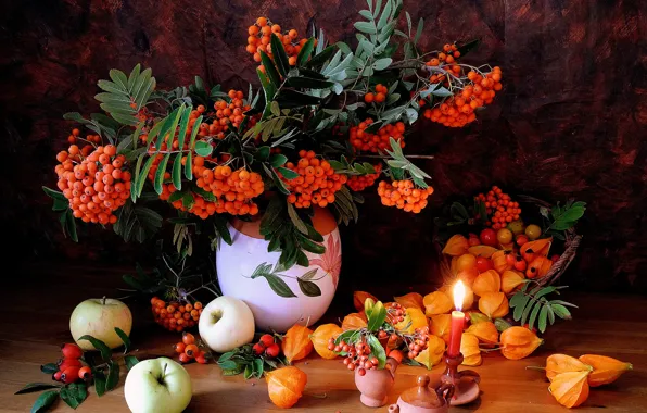 Apples, candle, still life, physalis, Rowan, background, rowan, Apples