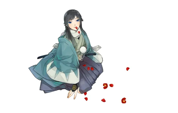 Katana, petals, samurai, white background, blue eyes, cloak, art, tobacco