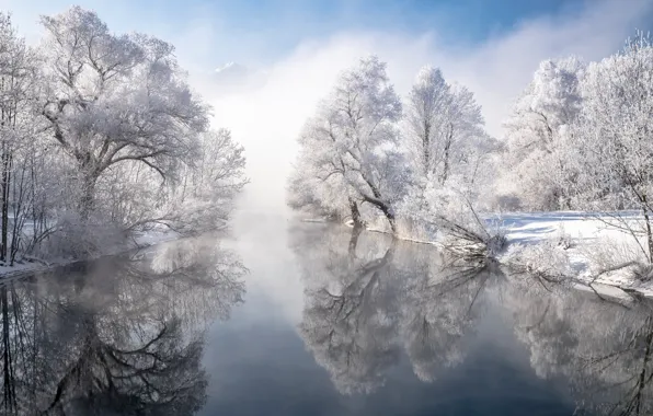 Winter, trees, reflection, river, Germany, Bayern, Germany, Bavaria