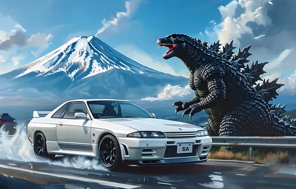 Picture car, Japan, Nissan, white, skyline, painting, Godzilla, r32