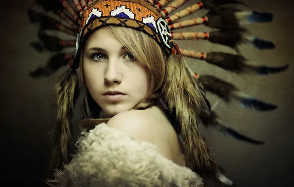 Eyes, look, girl, face, background, feathers, headdress