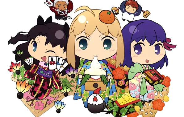 Girls, arrow, Chibi, Tohsaka Rin, the saber, Malachy, Archer, Emiya Shirou