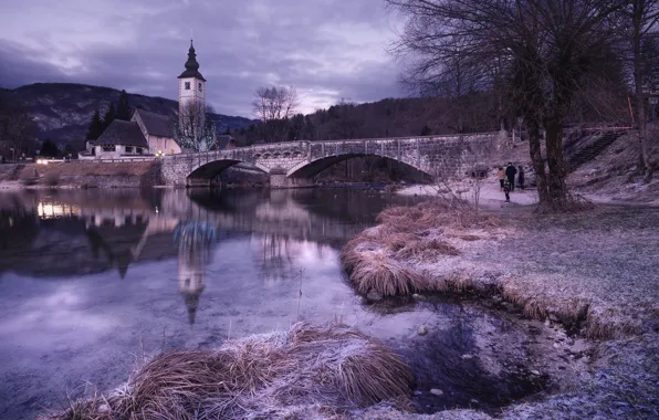 Winter, frost, landscape, sunset, mountains, bridge, lake, tower