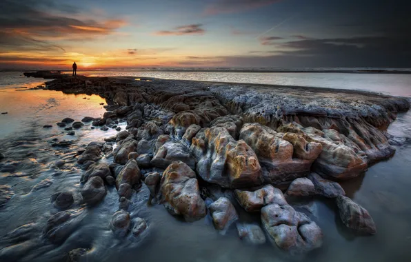 Sea, sunset, shore, people