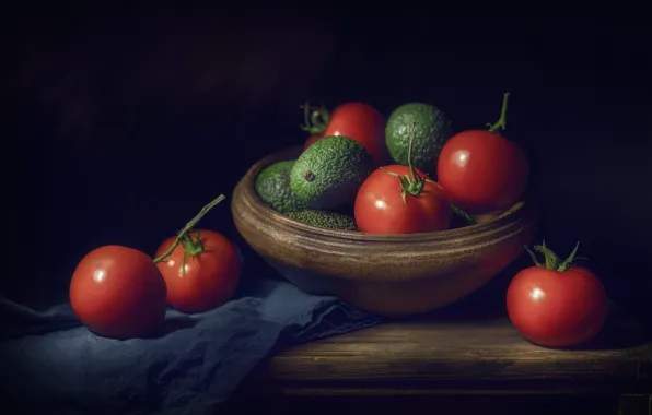 Table, food, fabric, bowl, black background, still life, tomatoes, composition