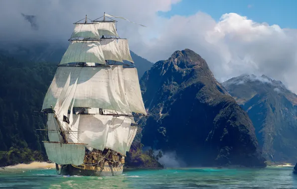 Picture sea, mountains, rocks, ship, sailboat