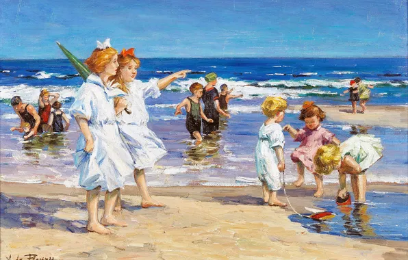 Sea, Beach, Children, People, Picture, Girls, Hungarian artist, A. de Fleury