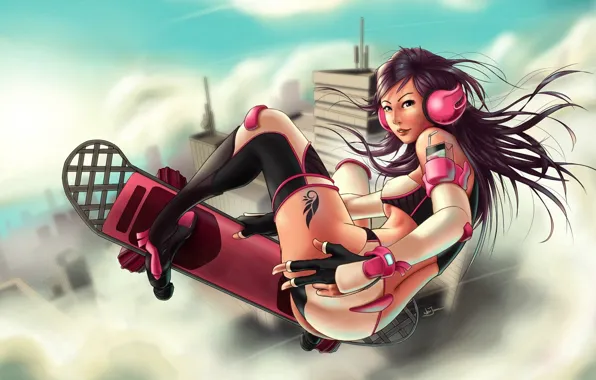 Girl, clouds, the city, height, headphones, tattoo, art, in the sky