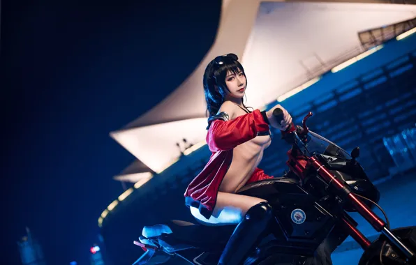 Asian, Model, Night, pretty, Bike, Woman, Red Dress, Motorbike