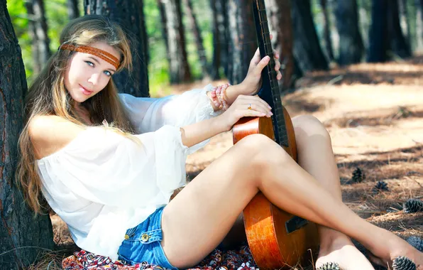 Girl, Tree, Look, Guitar, Forest, Blonde, Model, Lips