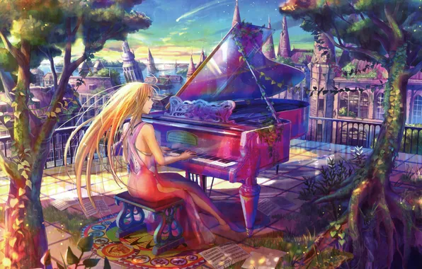 Girl, trees, the city, notes, piano, balcony, piano, fuji choko