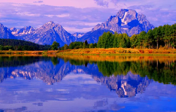Autumn, the sky, clouds, trees, mountains, lake, reflection, Wyoming