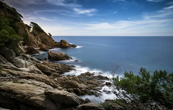 Sea, the sky, clouds, stones, rocks, shore, horizon, Spain