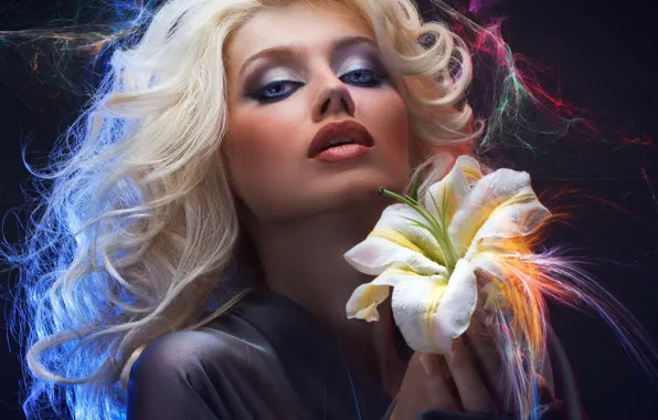 Picture white, look, flowers, abstraction, background, Lily, makeup, hairstyle