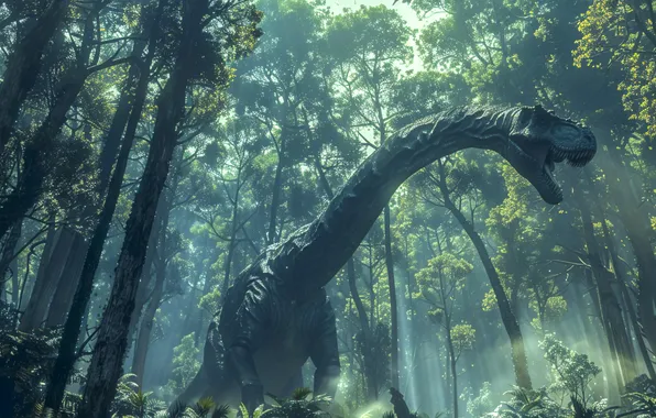 Trees, Dinosaur, Neck, Animal, Digital art, Grin, Ancient animals, Extinct animals
