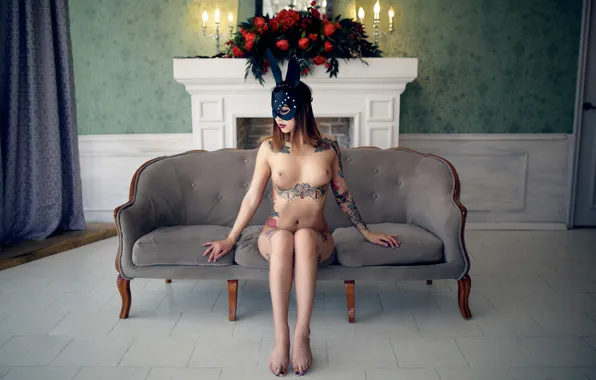 Chest, girl, flowers, pose, room, fire, model, naked