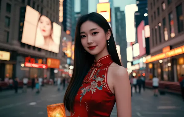 Girl, the city, earrings, Chinese, Asian, red dress, long hair