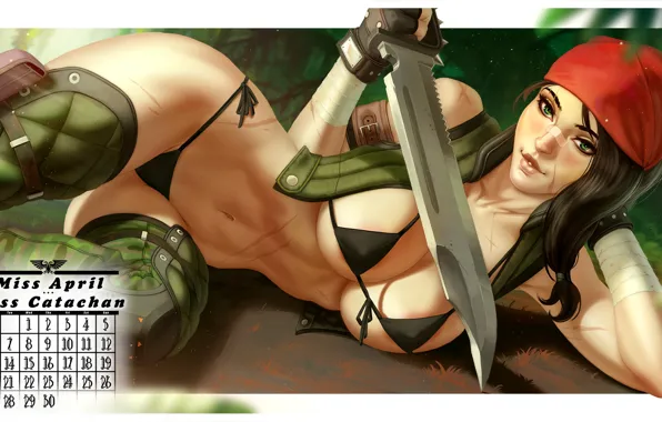 Swimsuit, chest, girl, knife, art, miss catachan, miss april