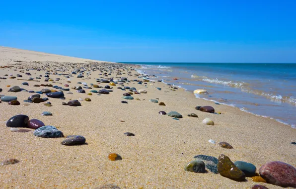 Sand, sea, wave, beach, the sky, stones