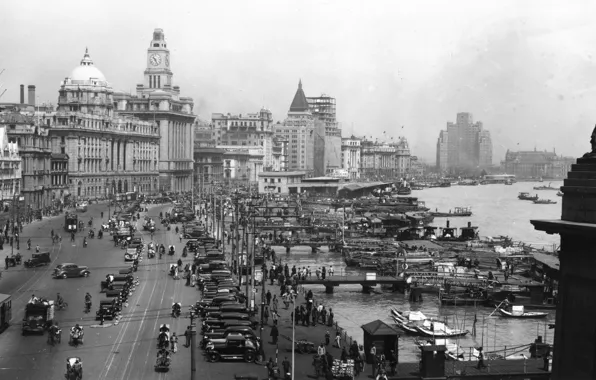 Picture retro, black and white, Shanghai, promenade, 1930е