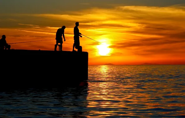 Sea, clouds, sunset, silhouette, glow, fishermen