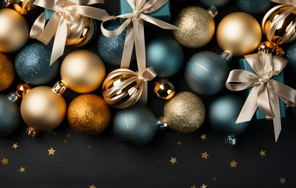 Picture decoration, the dark background, balls, New Year, Christmas, dark, gifts, golden