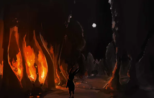 Picture forest, trees, fire, the moon, art, Hare, Sharpie boss