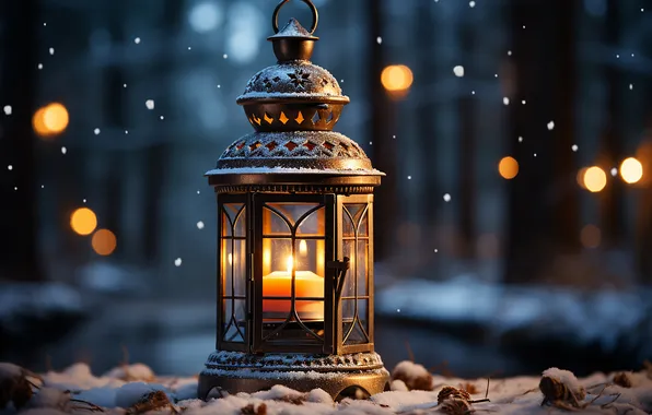 Winter, snow, night, Christmas, lantern, New year, Christmas, night