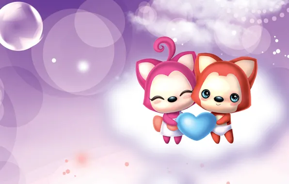 Heart, anime, art, Fox, Valentine, animals, enotik