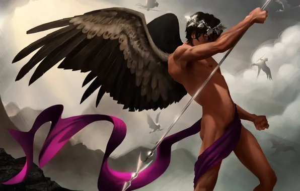 The sky, clouds, wings, angel, art, fabric, spear, guy