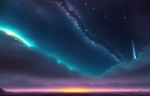 Space, landscape, art, fantastic, digital art, milky way, horizont, nigth