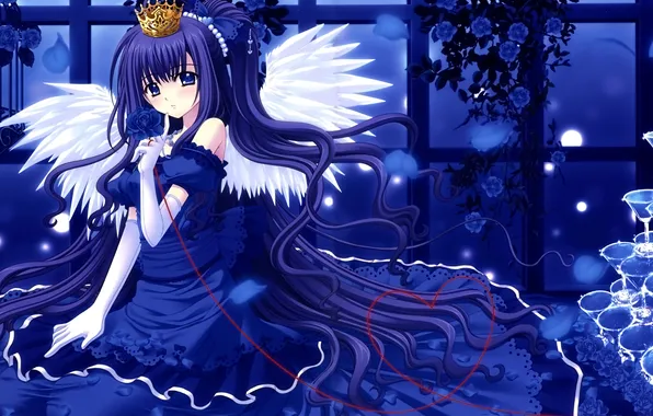 Picture look, girl, wings, anime, crown, dress
