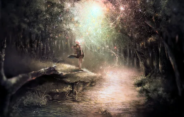 Picture forest, trees, river, magic, anime, art, guy, scarlet97