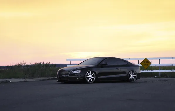 Picture road, the sky, Audi, black, Audi, the fence, wheels, drives