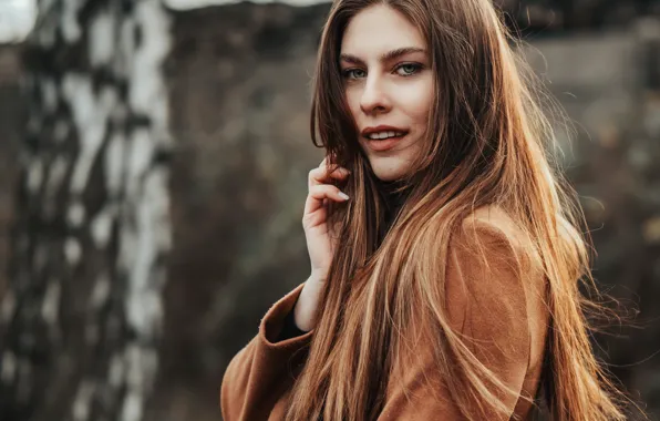 Look, girl, portrait, makeup, hairstyle, brown hair, coat, bokeh