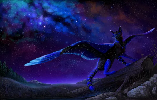 The sky, night, nature, fantasy, winged cat, by Cat-Patrisiya