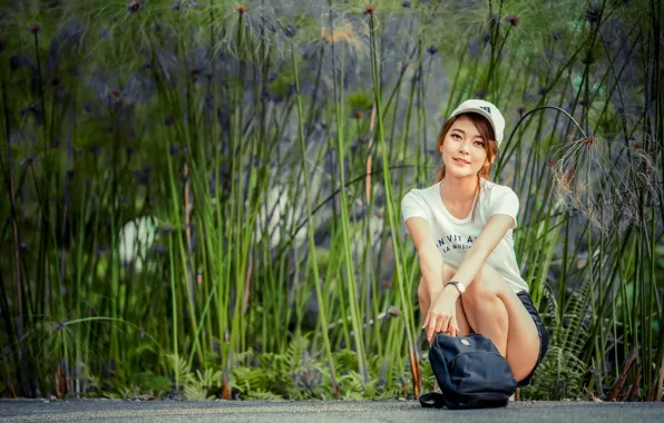 Girl, sweetheart, t-shirt, handbag, cap, Asian, knees