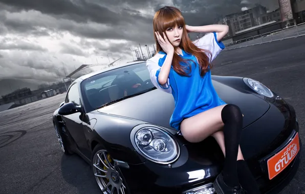 Machine, auto, girl, model, Asian, car, Porsche 911 Turbo S, korean model