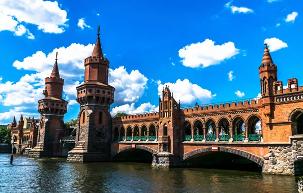 Picture the sky, clouds, bridge, design, river, Germany, tower, architecture