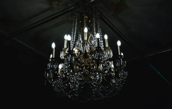 The ceiling, chandelier, light bulb