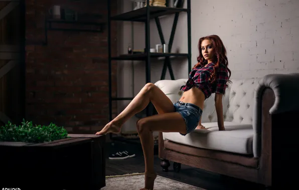 Girl, shorts, legs, model, redhead, belly, shirt, feet