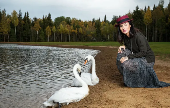 Sand, Girl, Forest, Pond, Face, Girl, Hat, Brunette