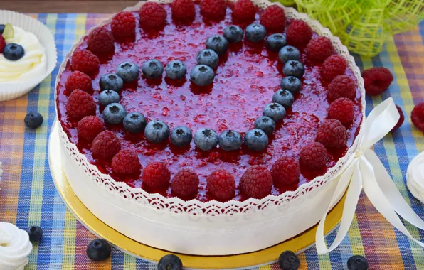 Raspberry, heart, cake, jelly, blueberries