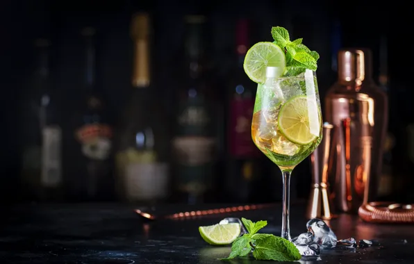 The dark background, table, wine, glass, alcohol, cocktail, lime, bottle
